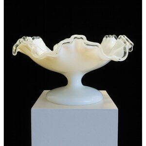 Vintage Fenton Milk Glass Ruffled Edge Pedestal Bowl PM08 A